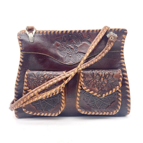 Vintage Tooled Leather Purse Brown Shoulder Bag Western Boho Saddlestitch - Picture 16 of 16